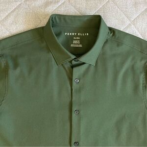 Perry Ellis Short Sleeve Button Up Shirt Mens XL Slim Fit Green Stretch